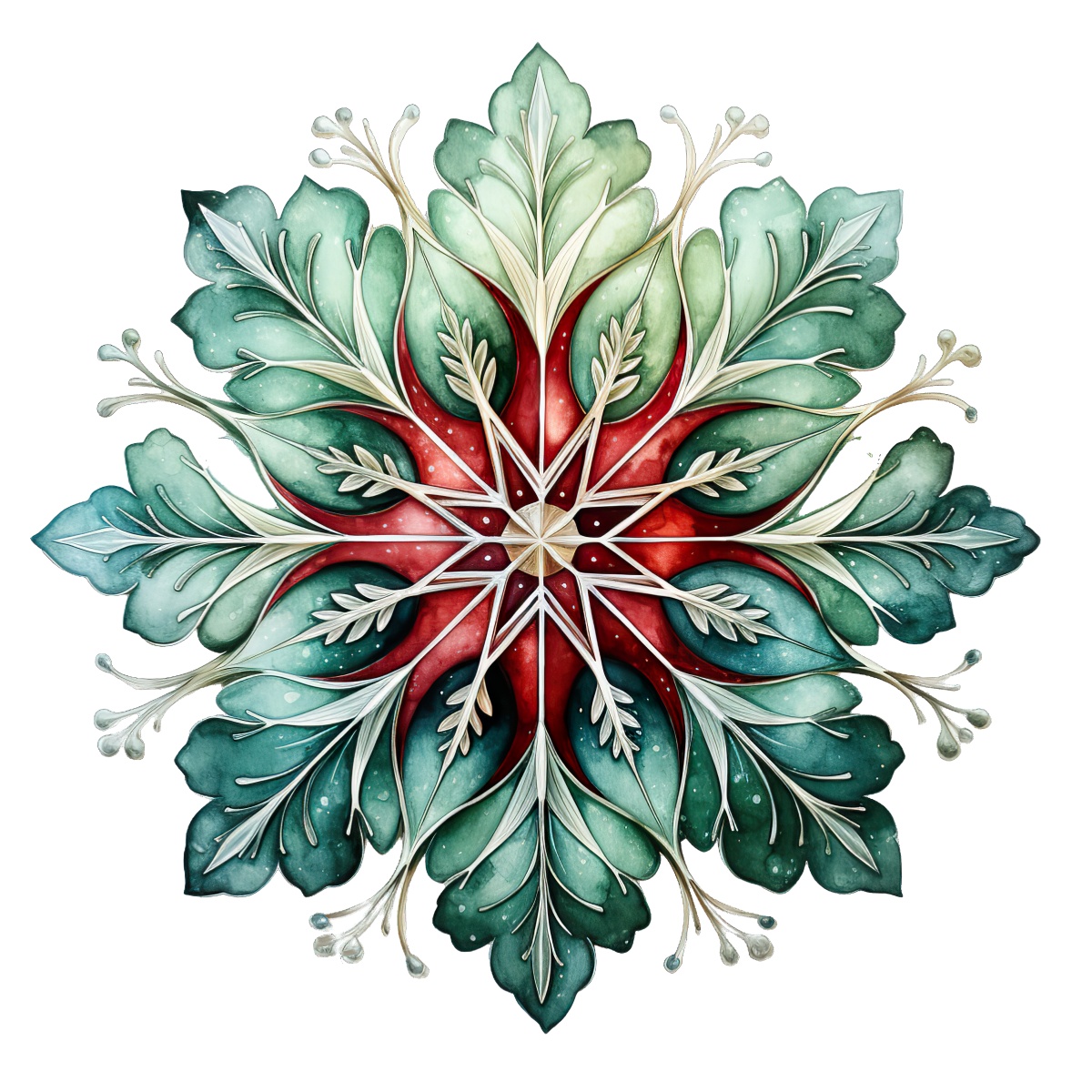 Symmetrical abstract snowflake design with green and red leaf patterns.