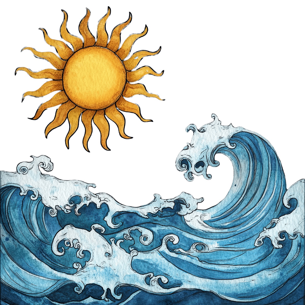 Abstract clipart with sun and ocean waves in artistic style.