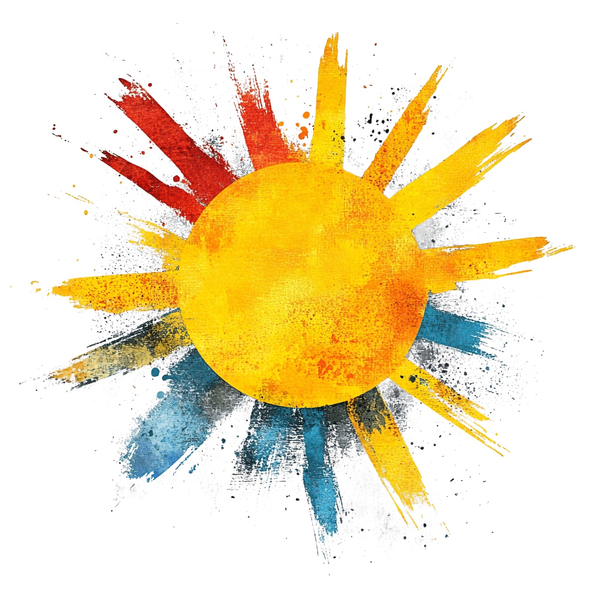 Yellow sun with red and blue paint strokes on a black background.