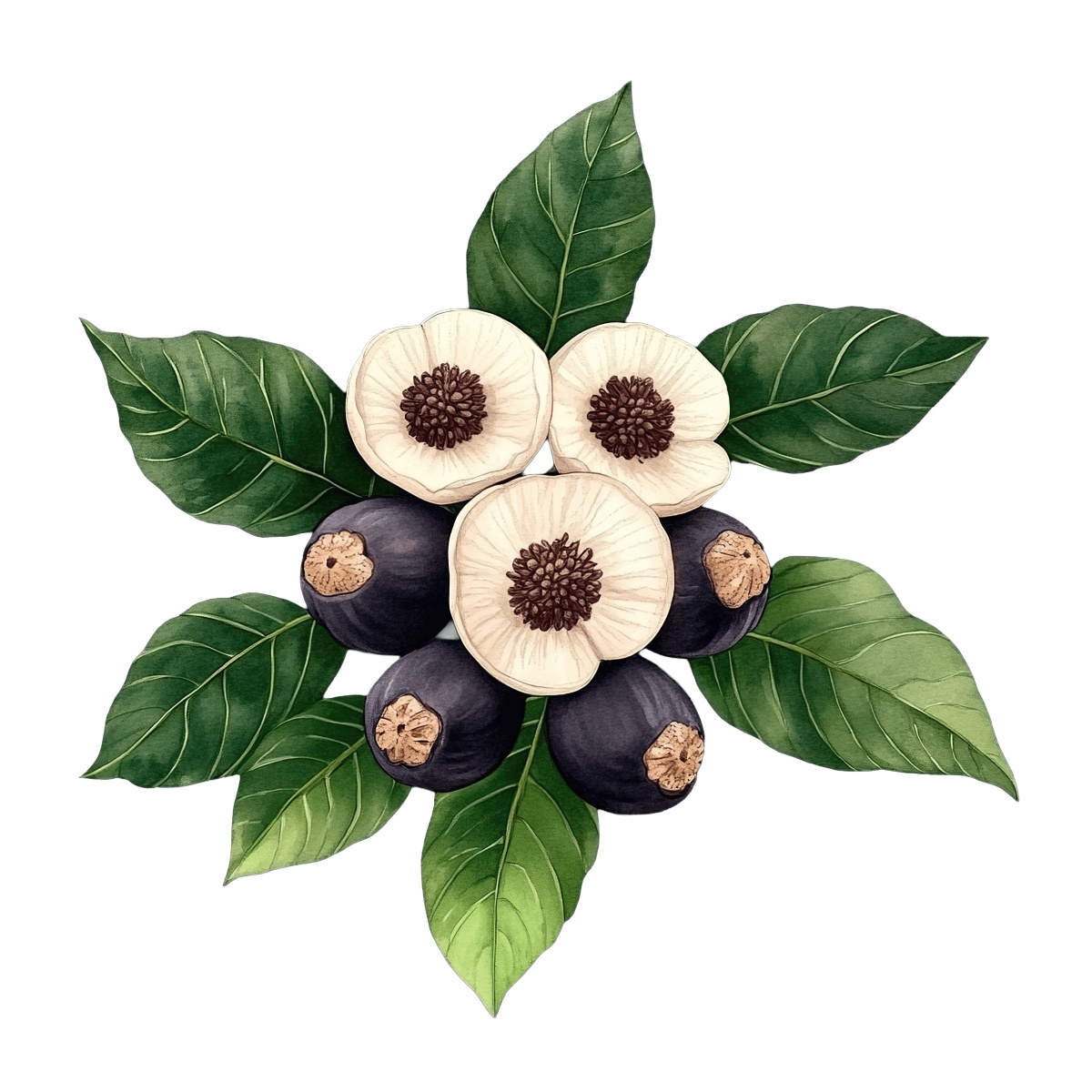 Acai berries with green leaves in clipart style.