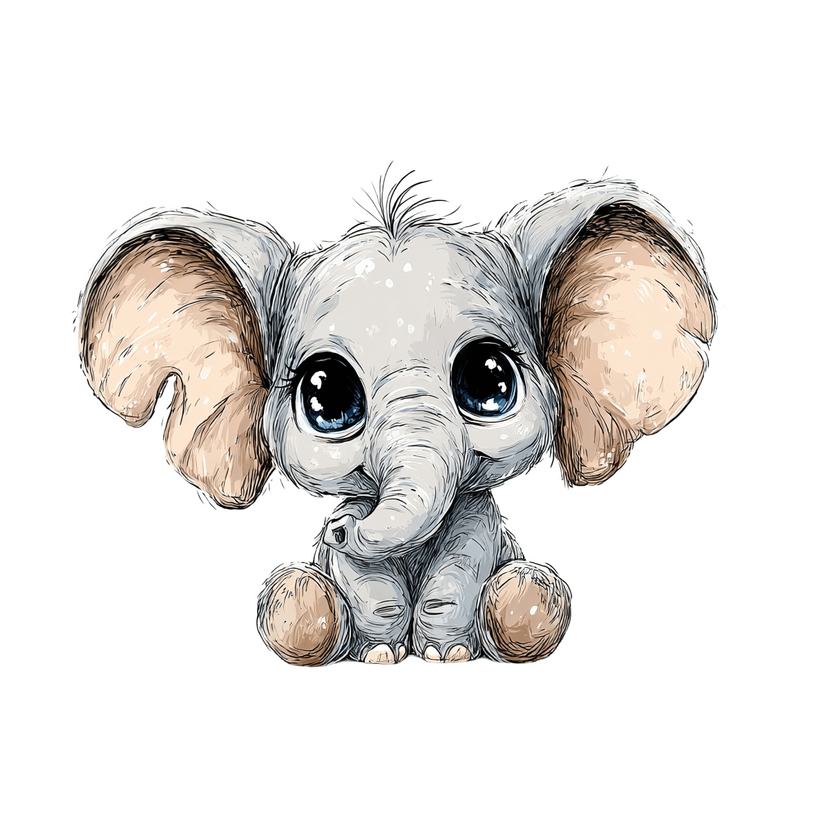 Cute baby elephant with big eyes and cartoon style on black.