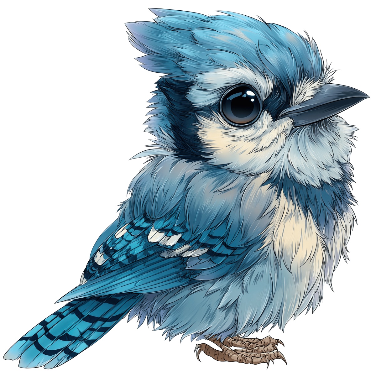 Cartoon blue jay with fluffy feathers and large eyes.