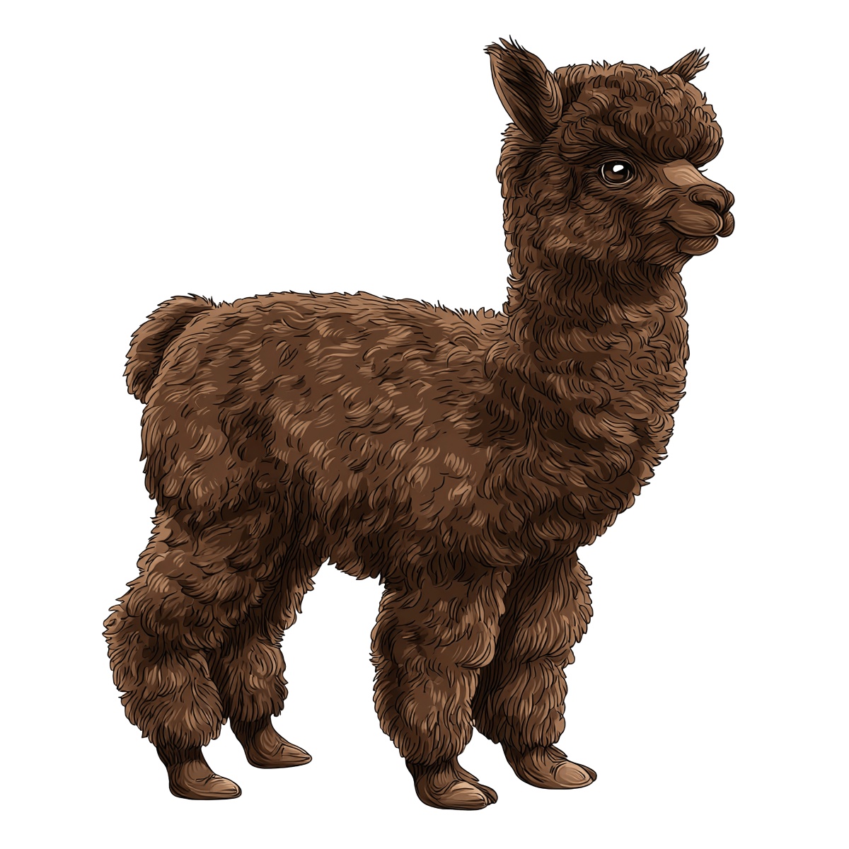 Illustration of a fluffy brown alpaca with detailed fur and endearing expression.