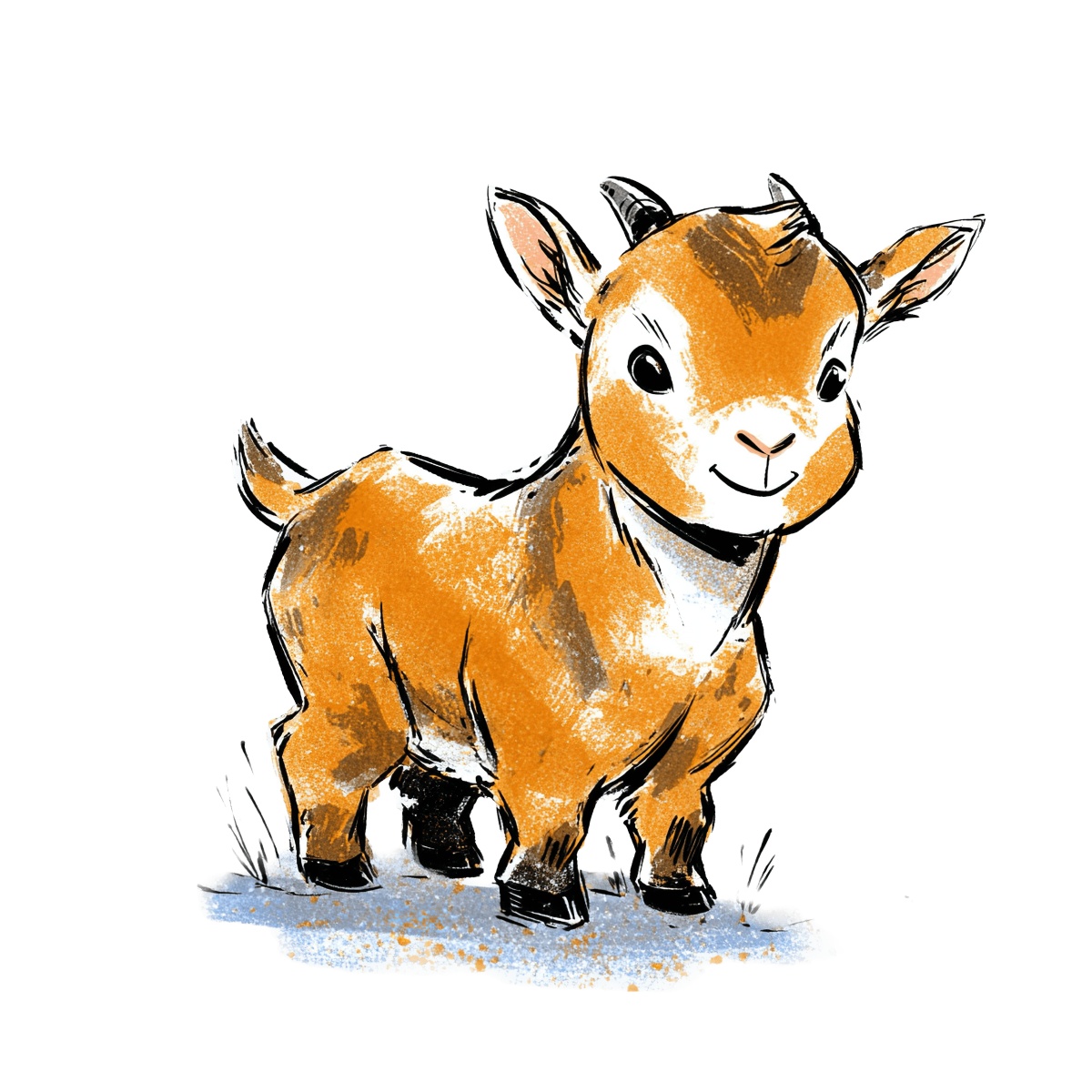 Cute brown goat with brushstroke texture standing on textured ground.