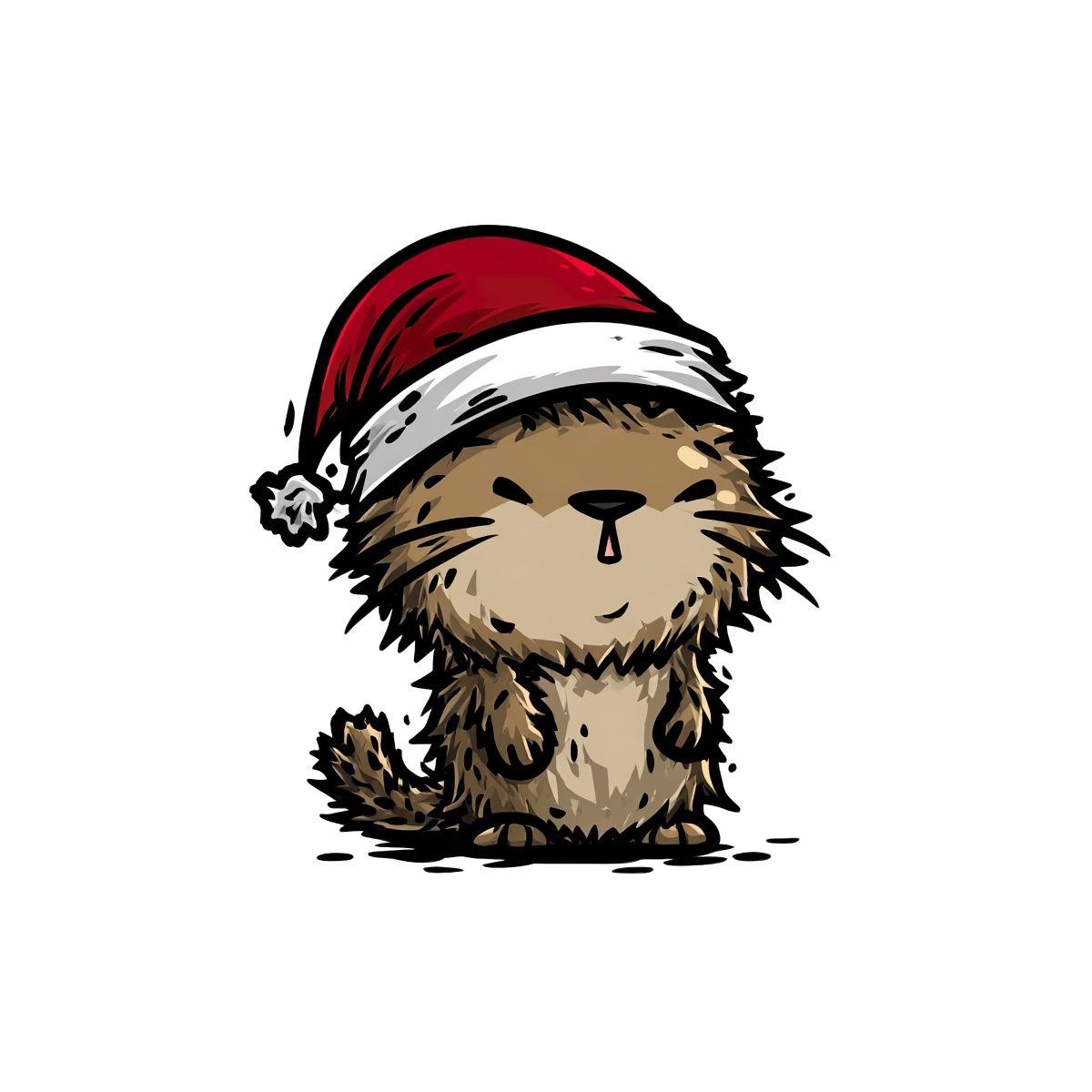 Cartoon otter wearing a red Santa hat, with a fluffy appearance.