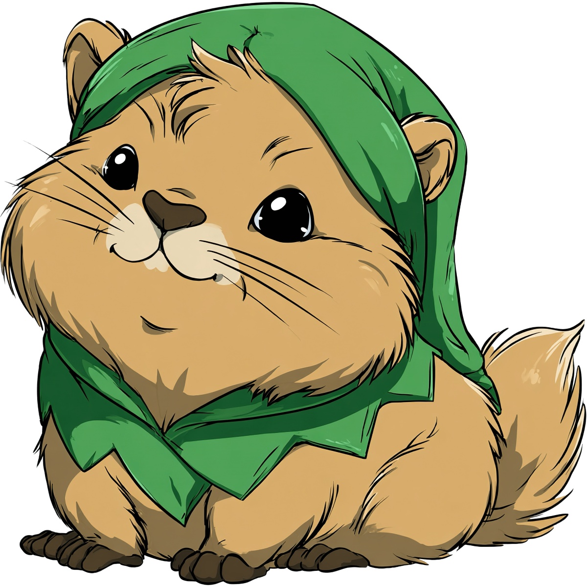 Cute brown hamster wearing a green hooded scarf, looking cheerful.