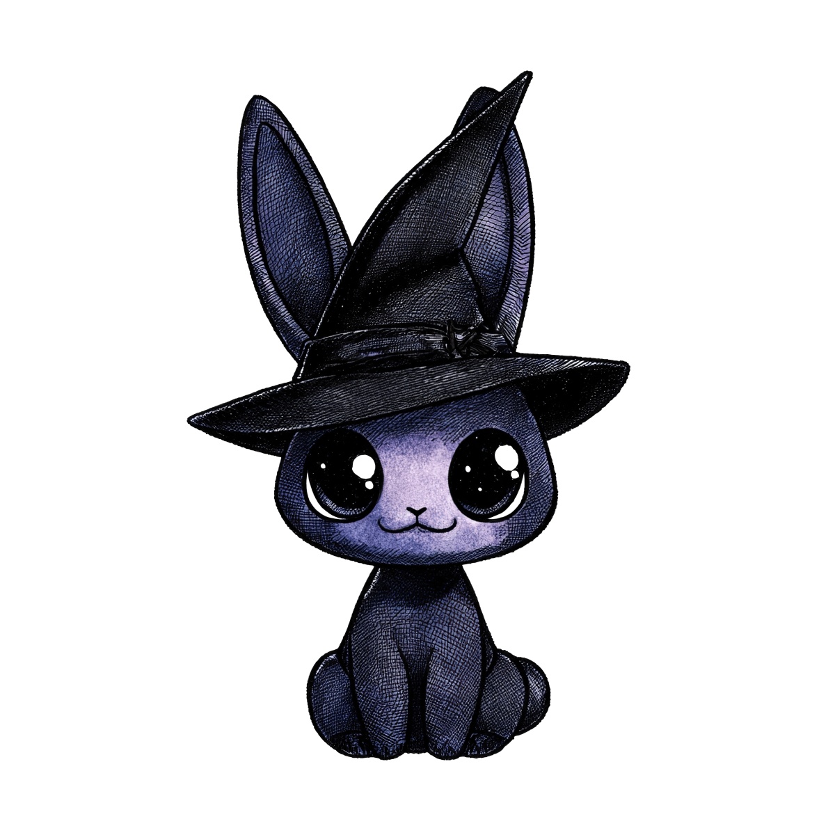 Purple bunny wearing a black witch hat with large, cute eyes.