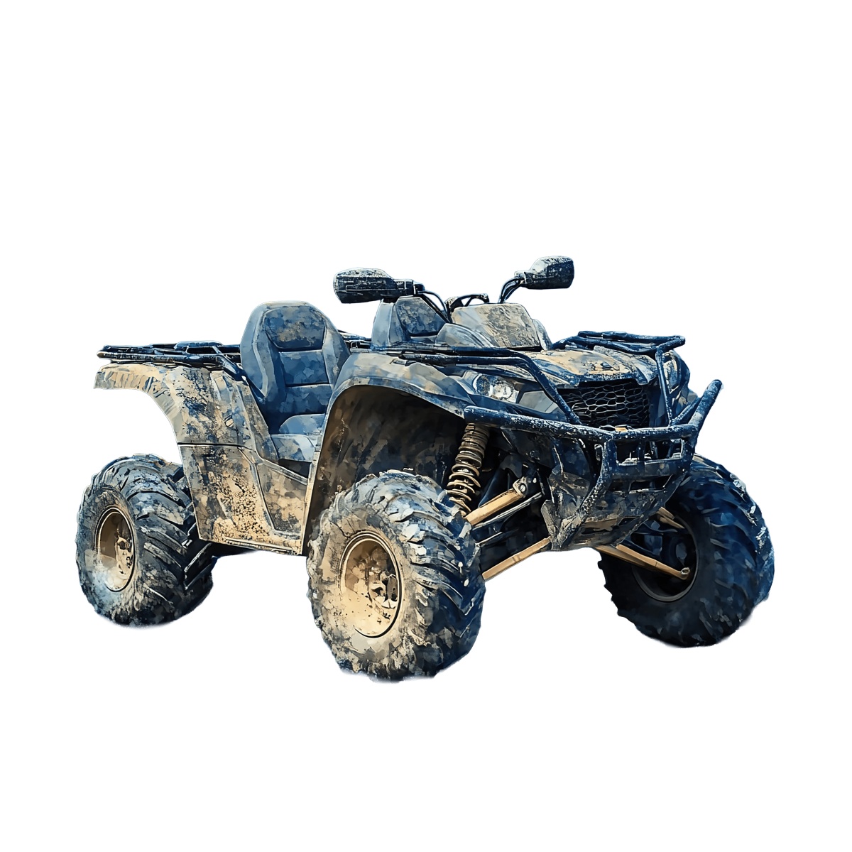 All-terrain vehicle with large muddy tires and a rugged exterior design.