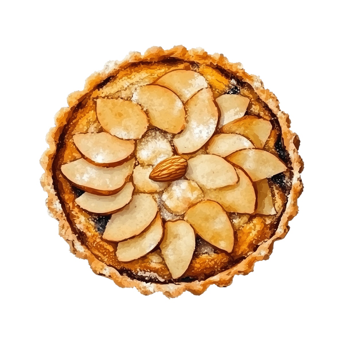 Almond and pear tart with decorative sliced topping in clipart style.