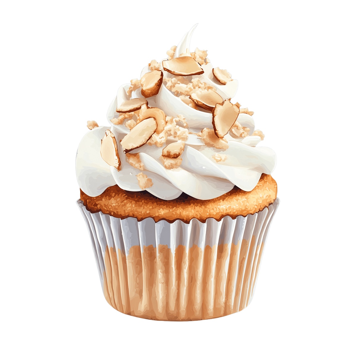 Almond cupcake with whipped cream and sliced almonds on top.