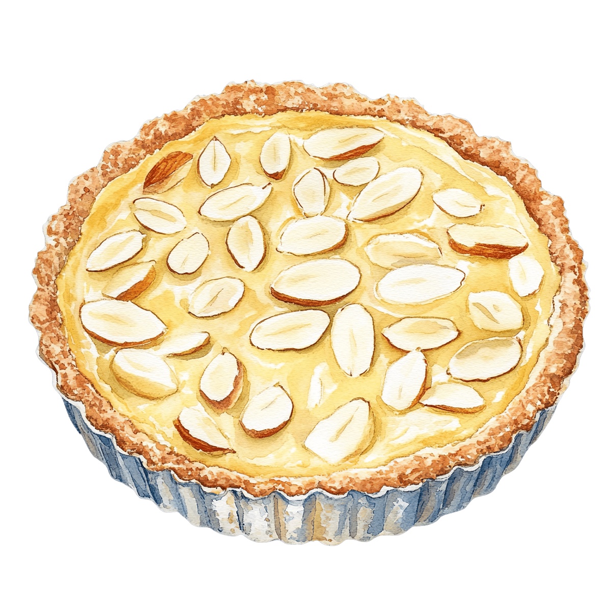 Almond tart topped with sliced almonds in a metal baking tin.