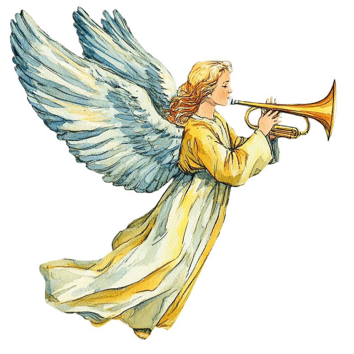 Angel with golden wings and robe playing a trumpet in mid-flight.