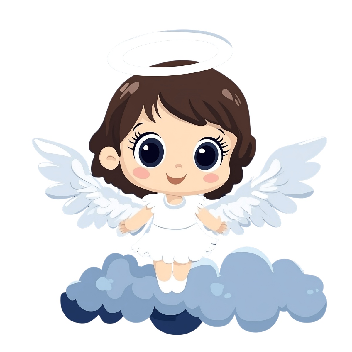 Angelic character with wings and halo standing on a cloud.