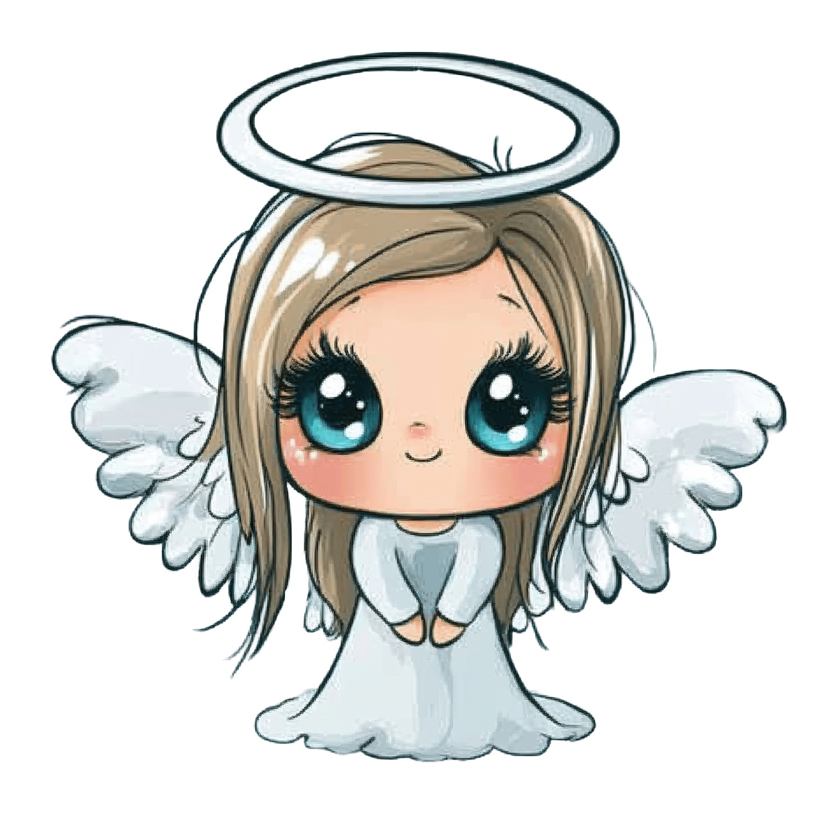 Angelic character with halo and wings in a white robe.