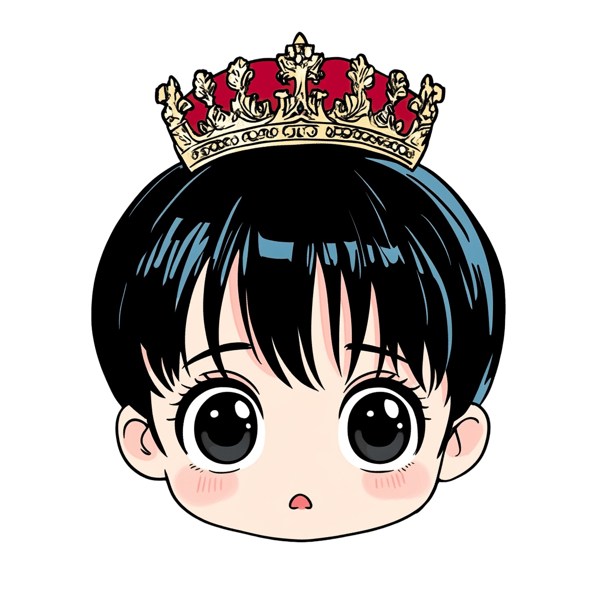Anime style face with a crown and surprised expression.