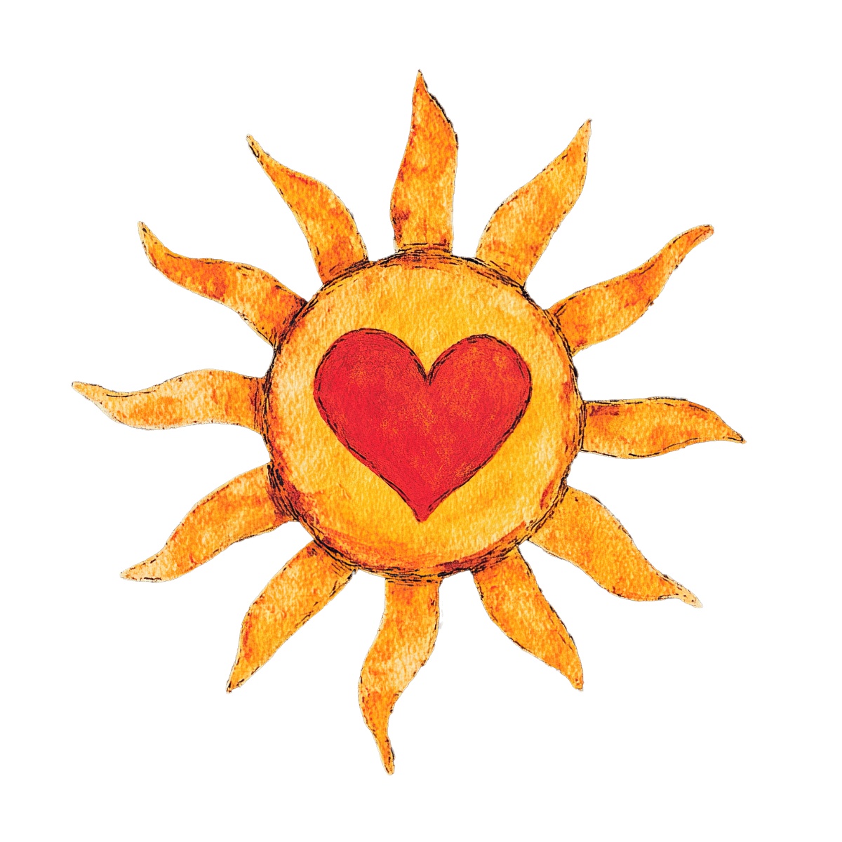 Sun illustration with a heart in the center, vibrant colors on black.