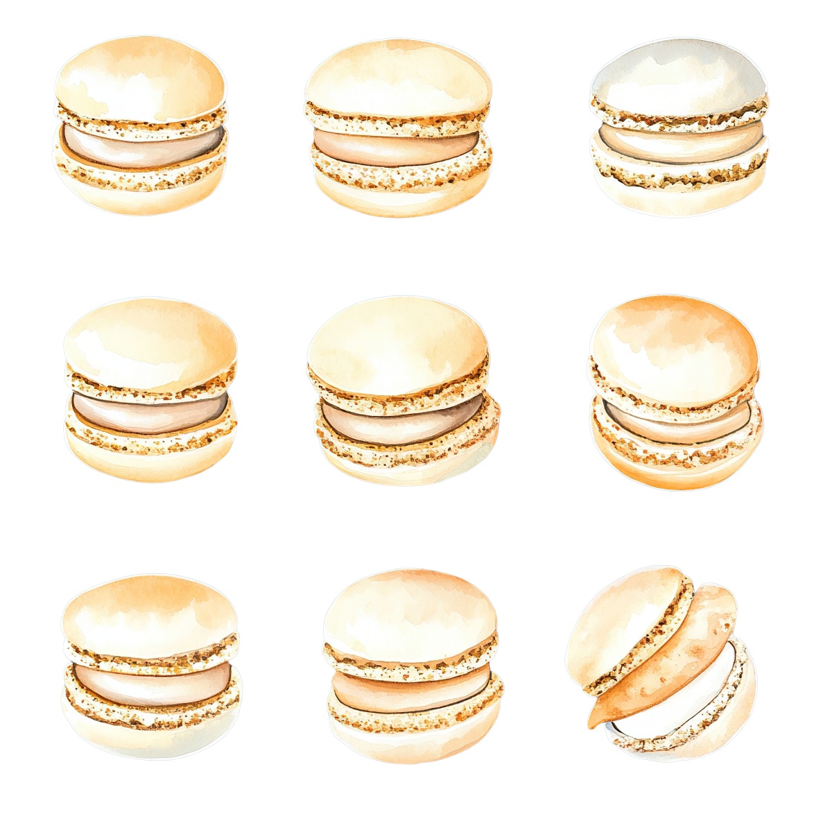 Nine watercolor macarons arranged in a grid.