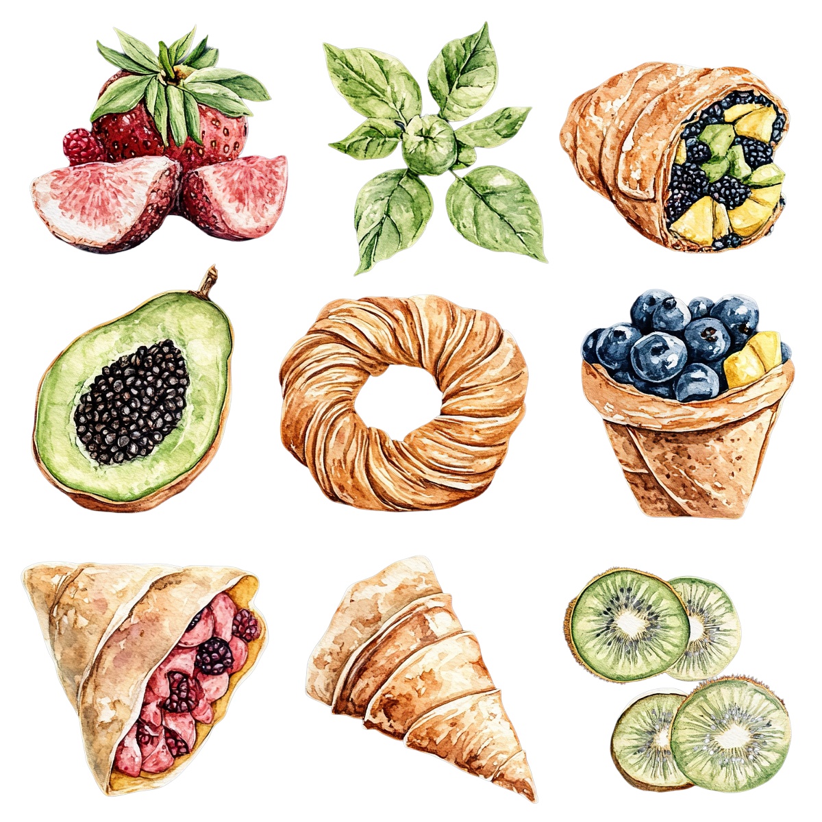 Assorted fruits and pastries with fresh leaves in a grid layout.