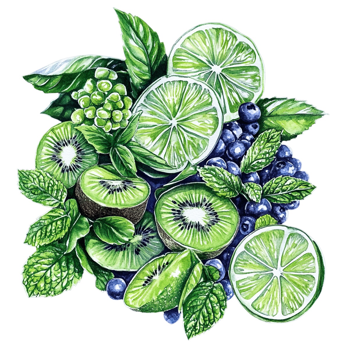 Assorted green fruits and berries with fresh leaves in a vibrant arrangement.