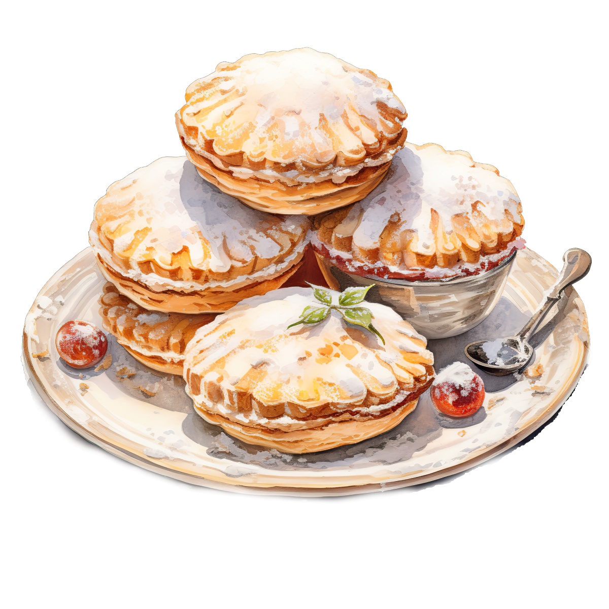Stack of round pastries with icing sugar on a decorative plate.