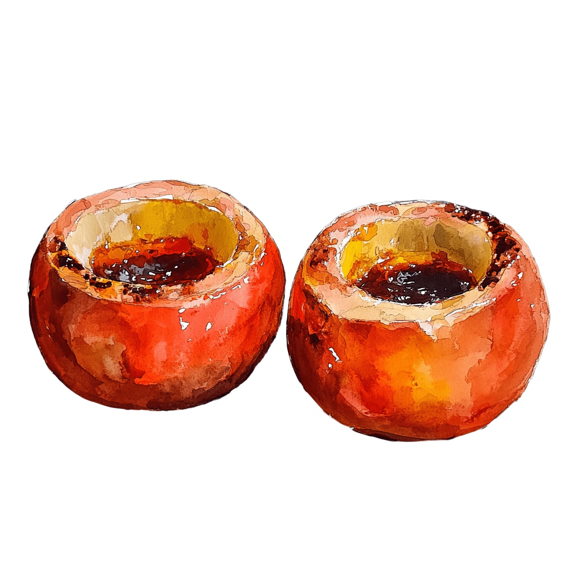 Two baked apples with caramelized centers.