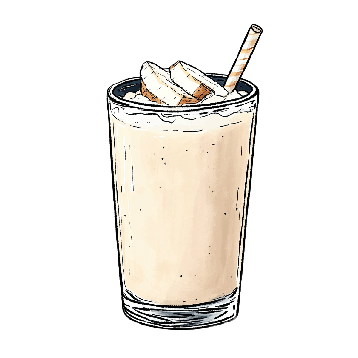 Banana milkshake in a tall glass with straw and banana slices.
