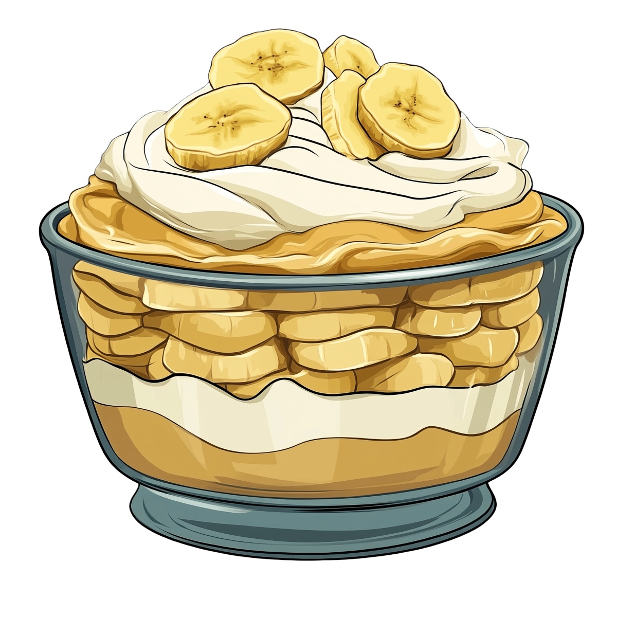 Banana pudding with whipped cream and banana slices in a glass bowl.