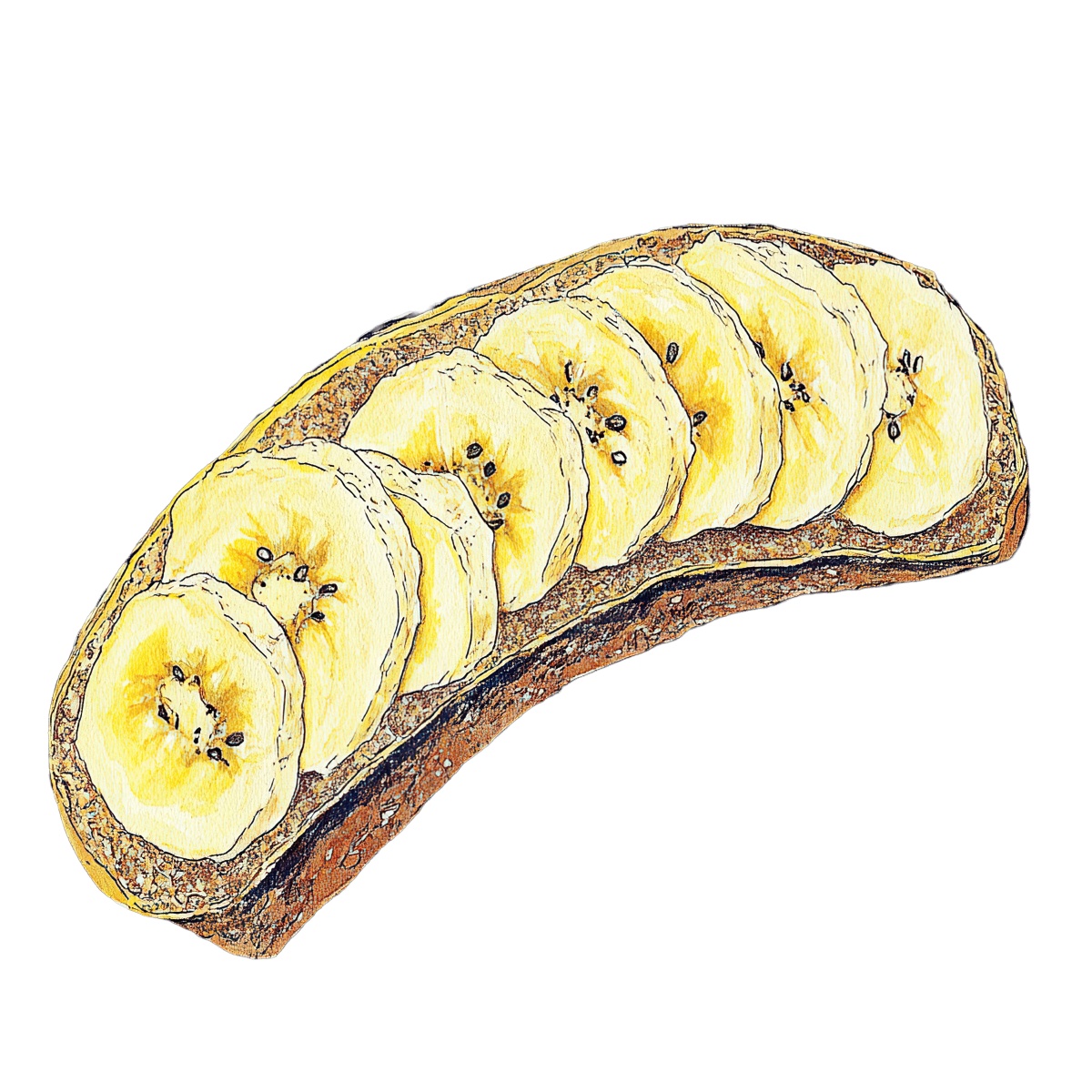 Banana slices neatly placed on a slice of whole grain bread.