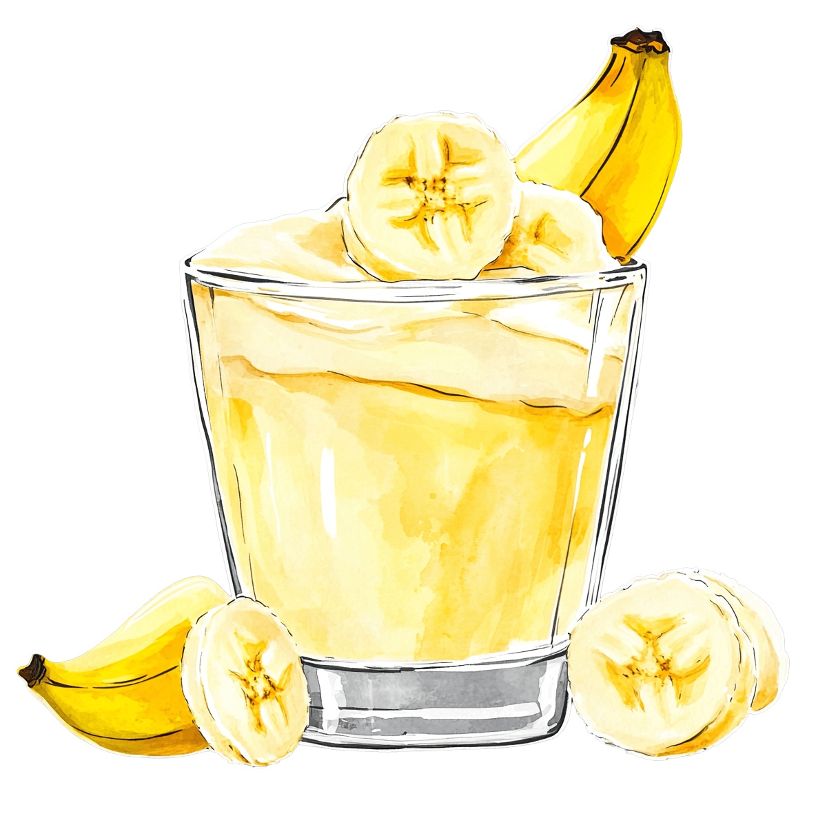 Banana smoothie in a glass with banana slices and whole banana.