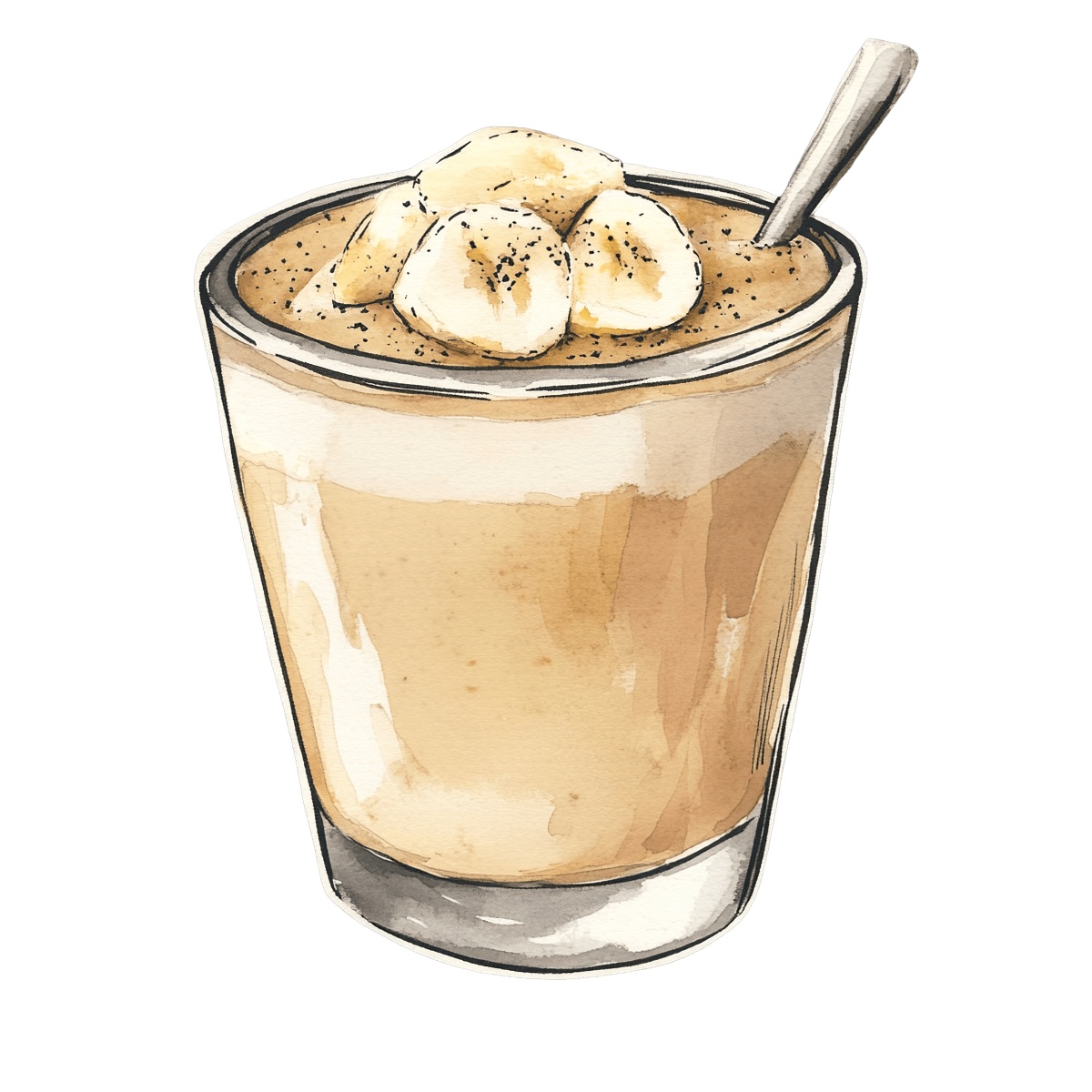 Banana smoothie in a glass with banana slices and a spoon.