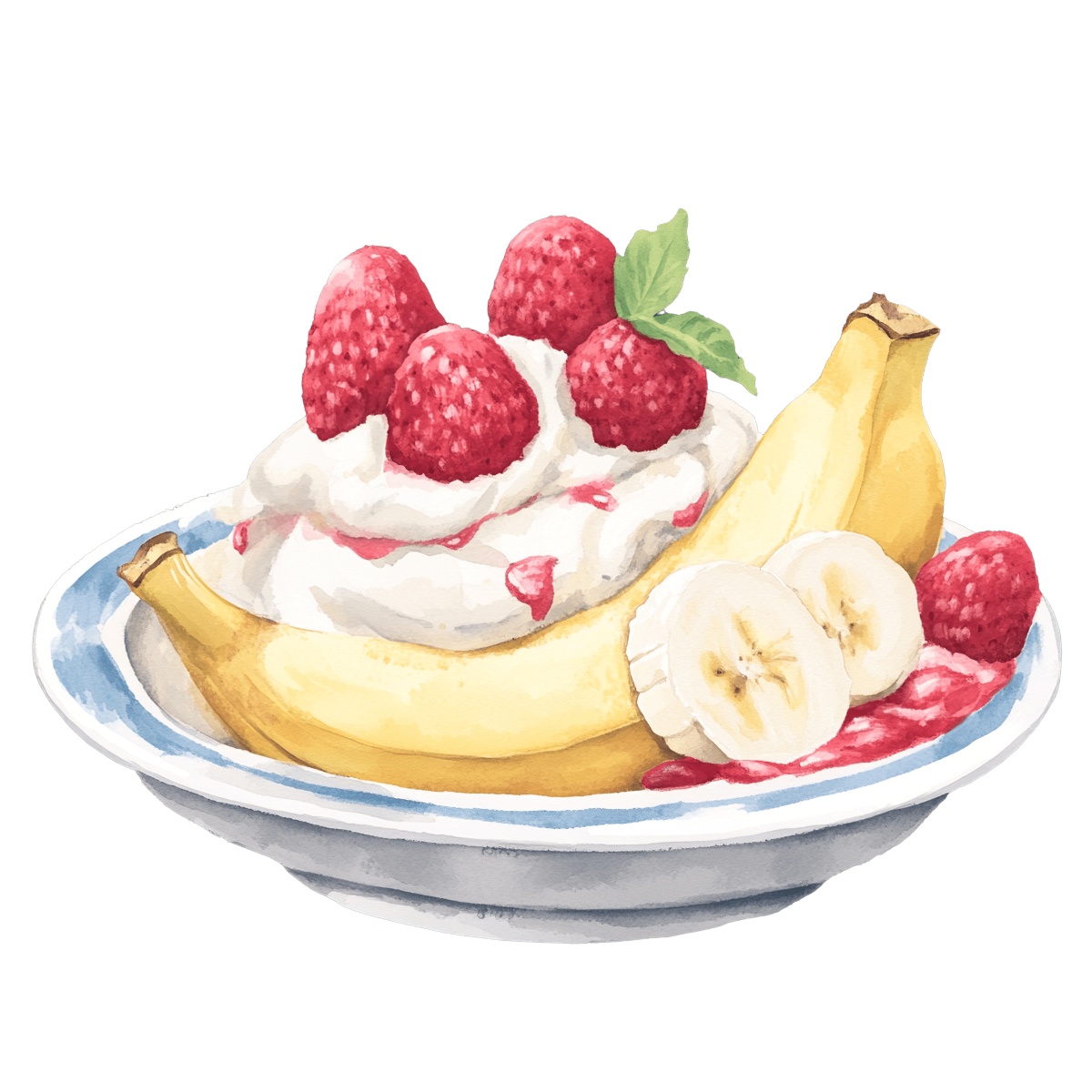 Banana split with whipped cream and strawberries on a plate.