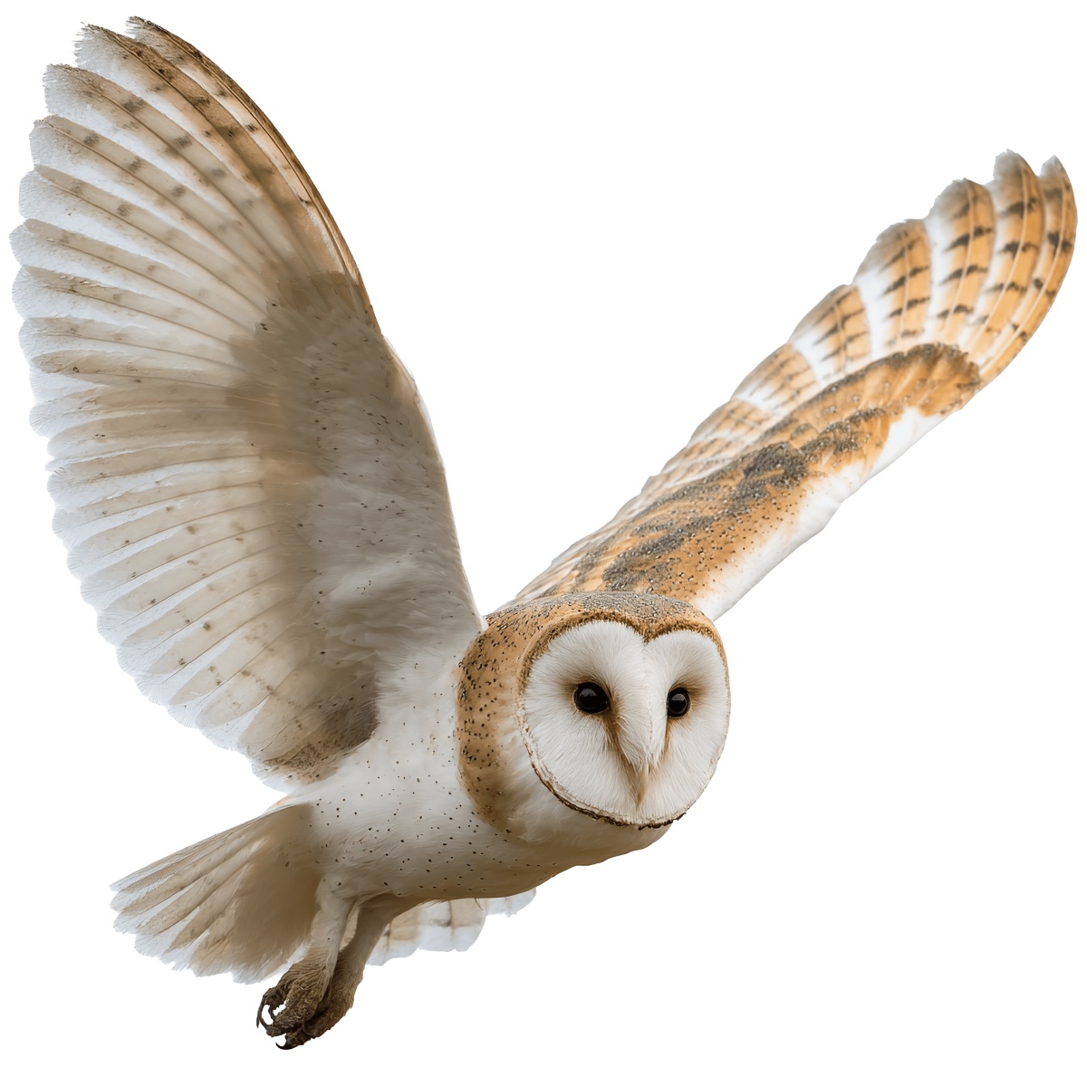 Barn owl flying with wings spread wide