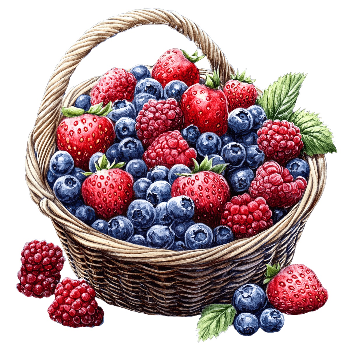 Basket filled with fresh strawberries, raspberries, and blueberries.