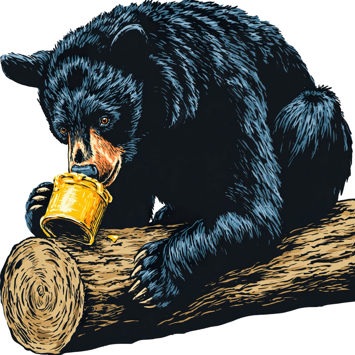 Bear holding honey pot on log illustration