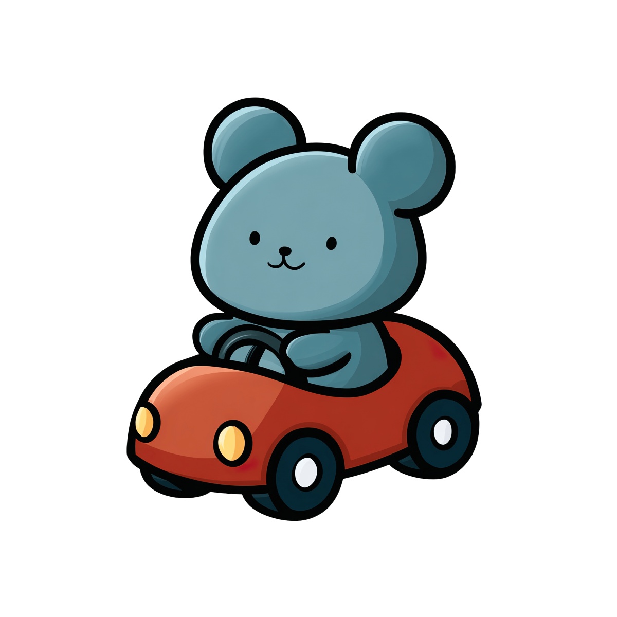 Blue bear driving a red cartoon car in illustration style.