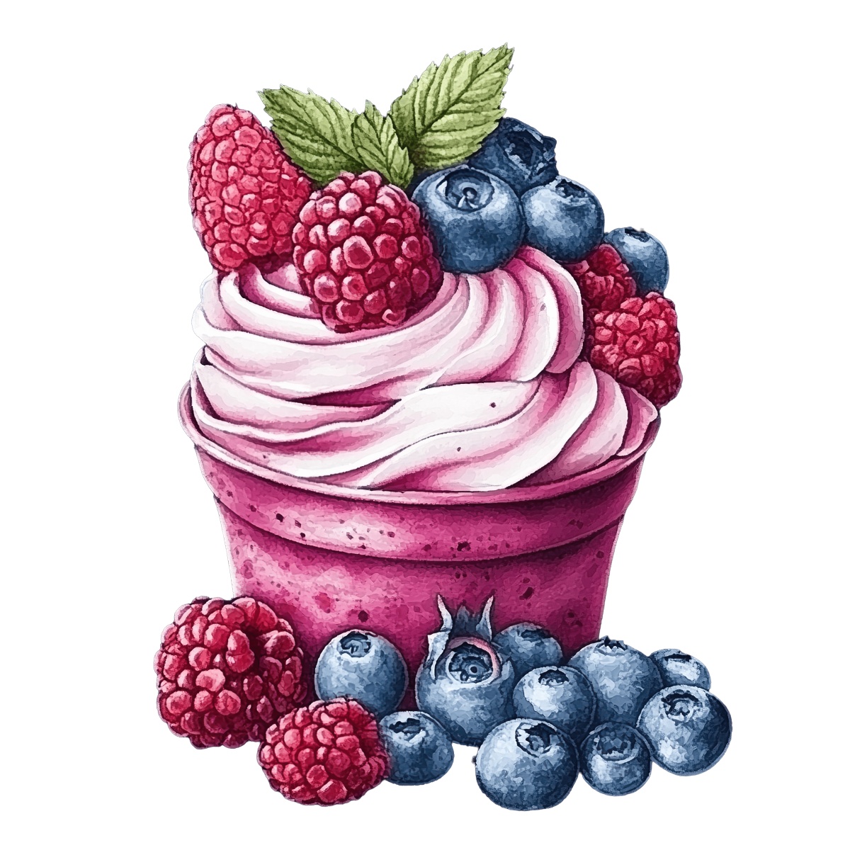 Frozen yogurt cup with raspberries and blueberries on top.