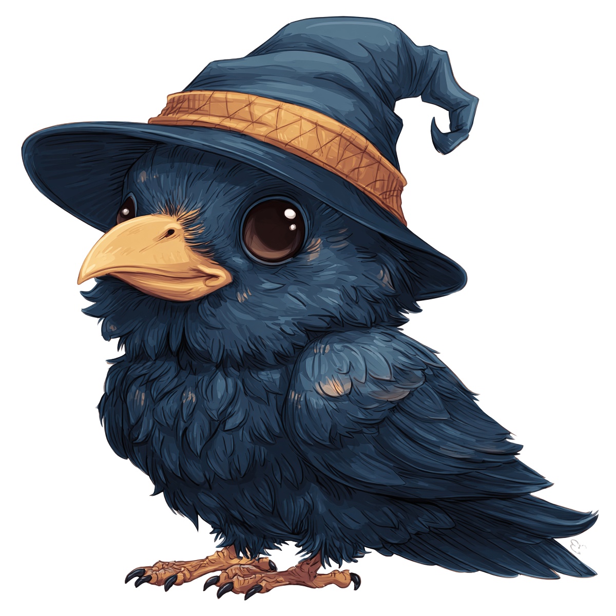 Bird with dark feathers wearing a wizard's hat.