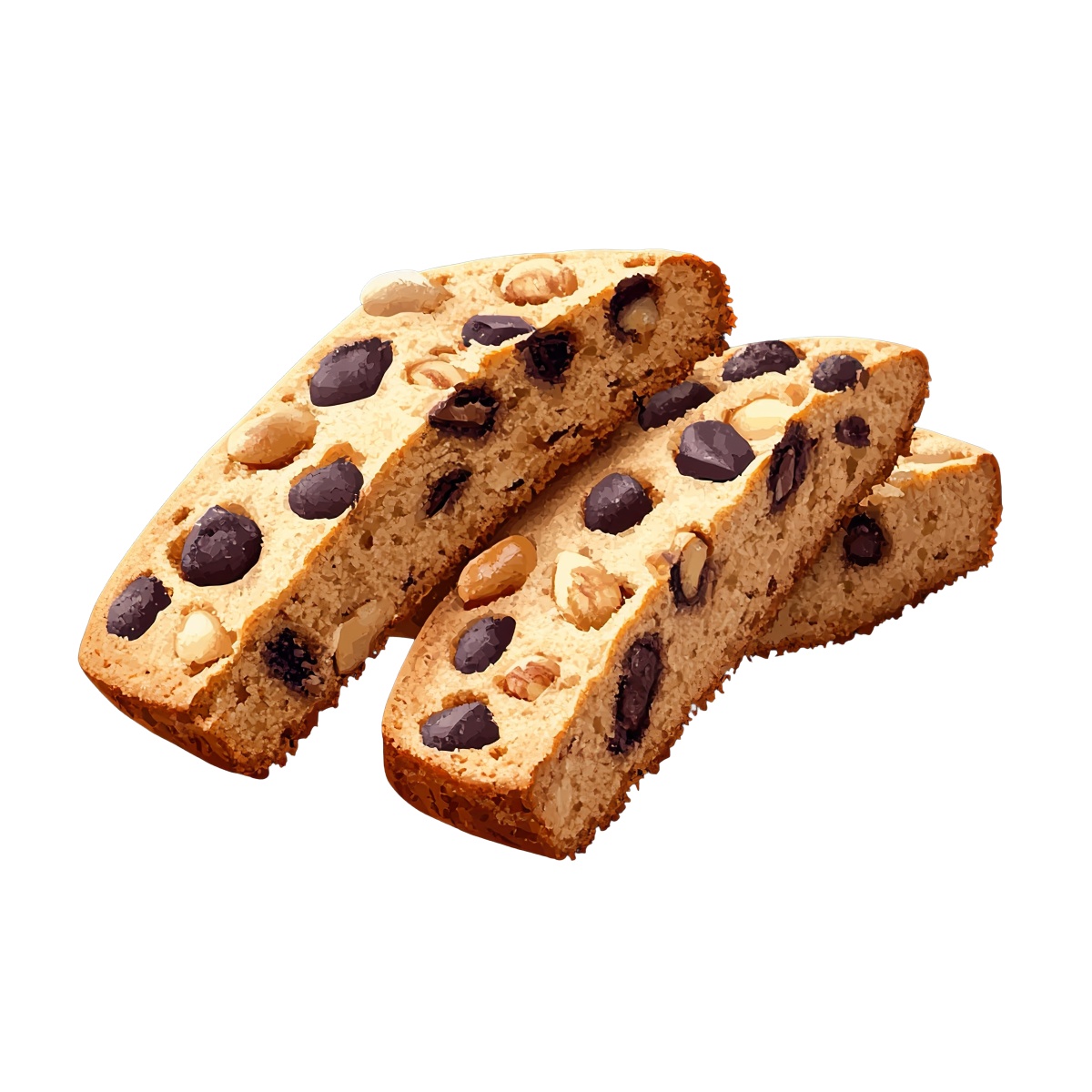 Biscotti pieces with chocolate chips and nuts.