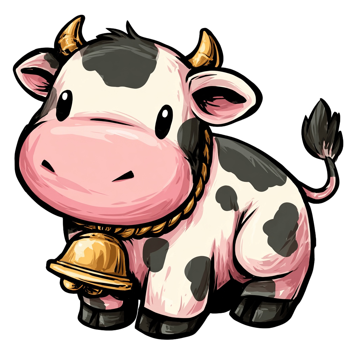 Illustration of a black and white cow with a bell and horns.
