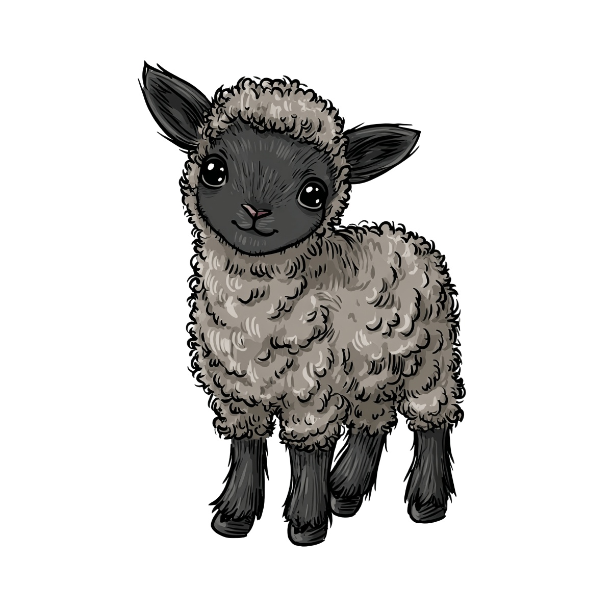 Clipart of a black-faced lamb with curly wool and upright ears.
