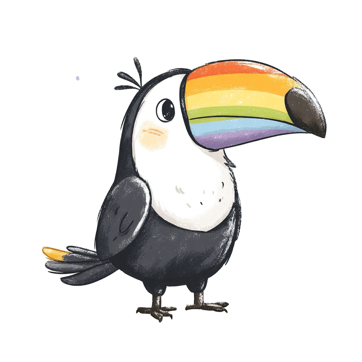 Toucan with rainbow beak on black and white body, cartoon style.