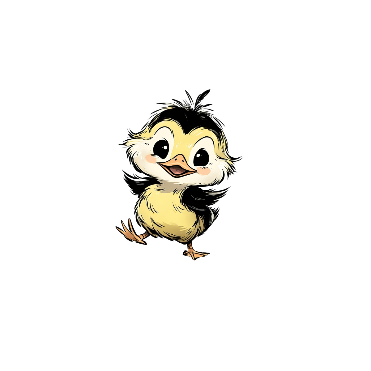 Black and yellow chick illustration with large eyes.