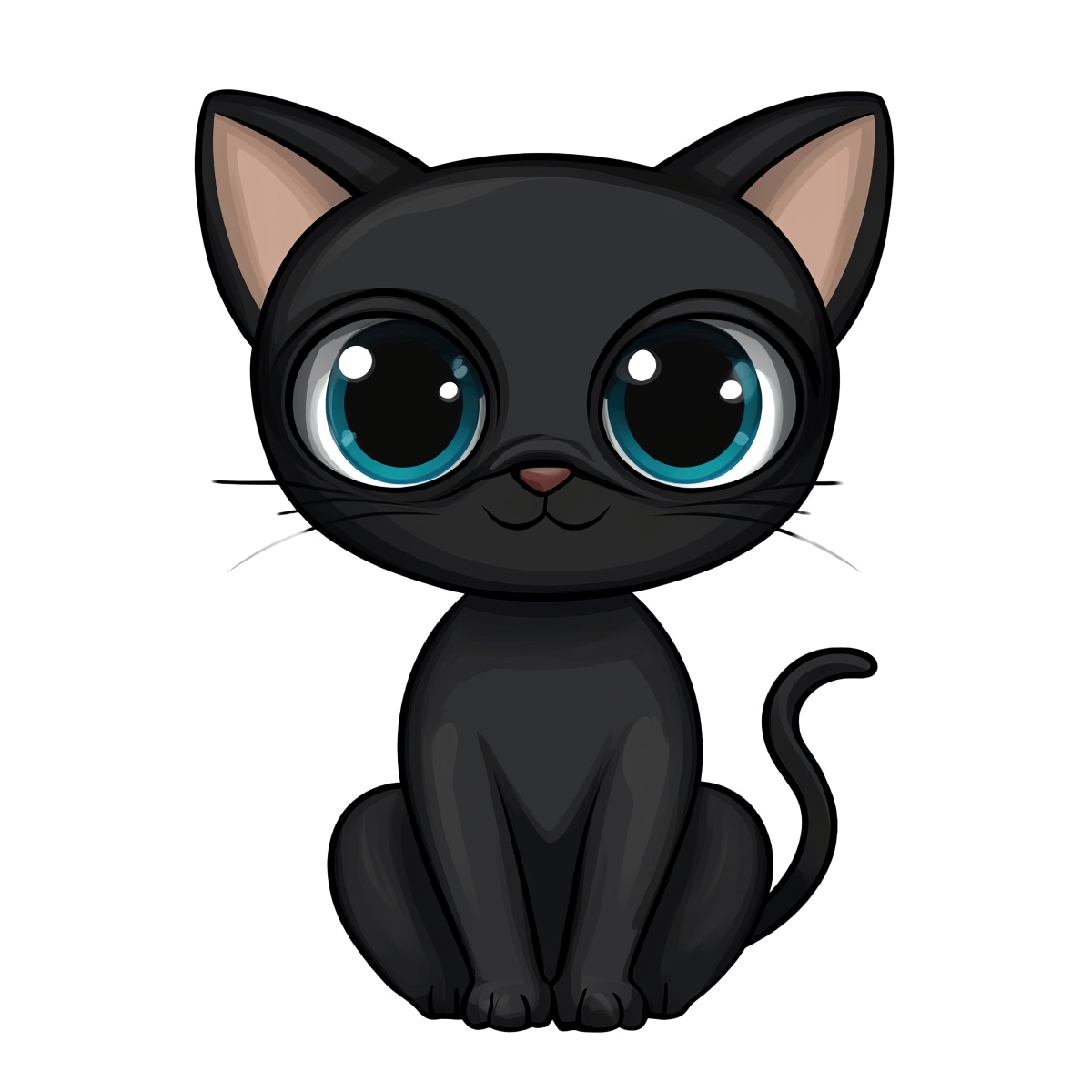 Black cat with big blue eyes sitting in a relaxed position.