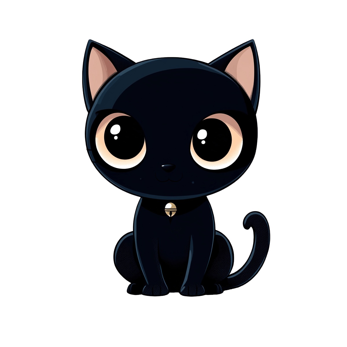 Cat with large eyes and a bell collar sitting.