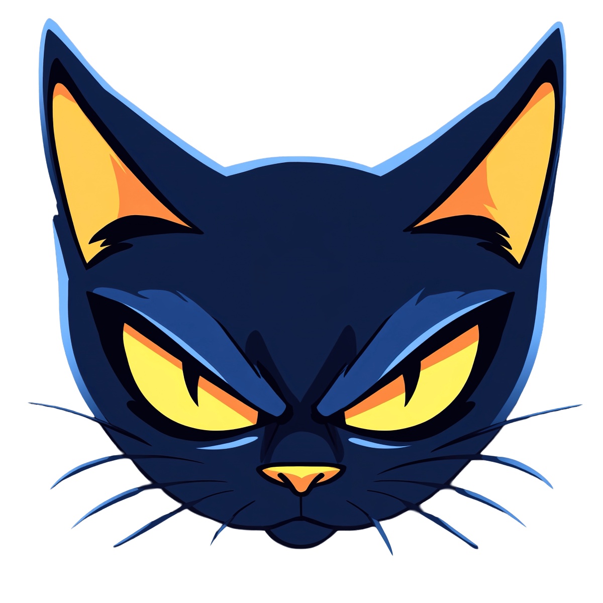 Black cat face with intense yellow eyes and pointed ears in clipart style.