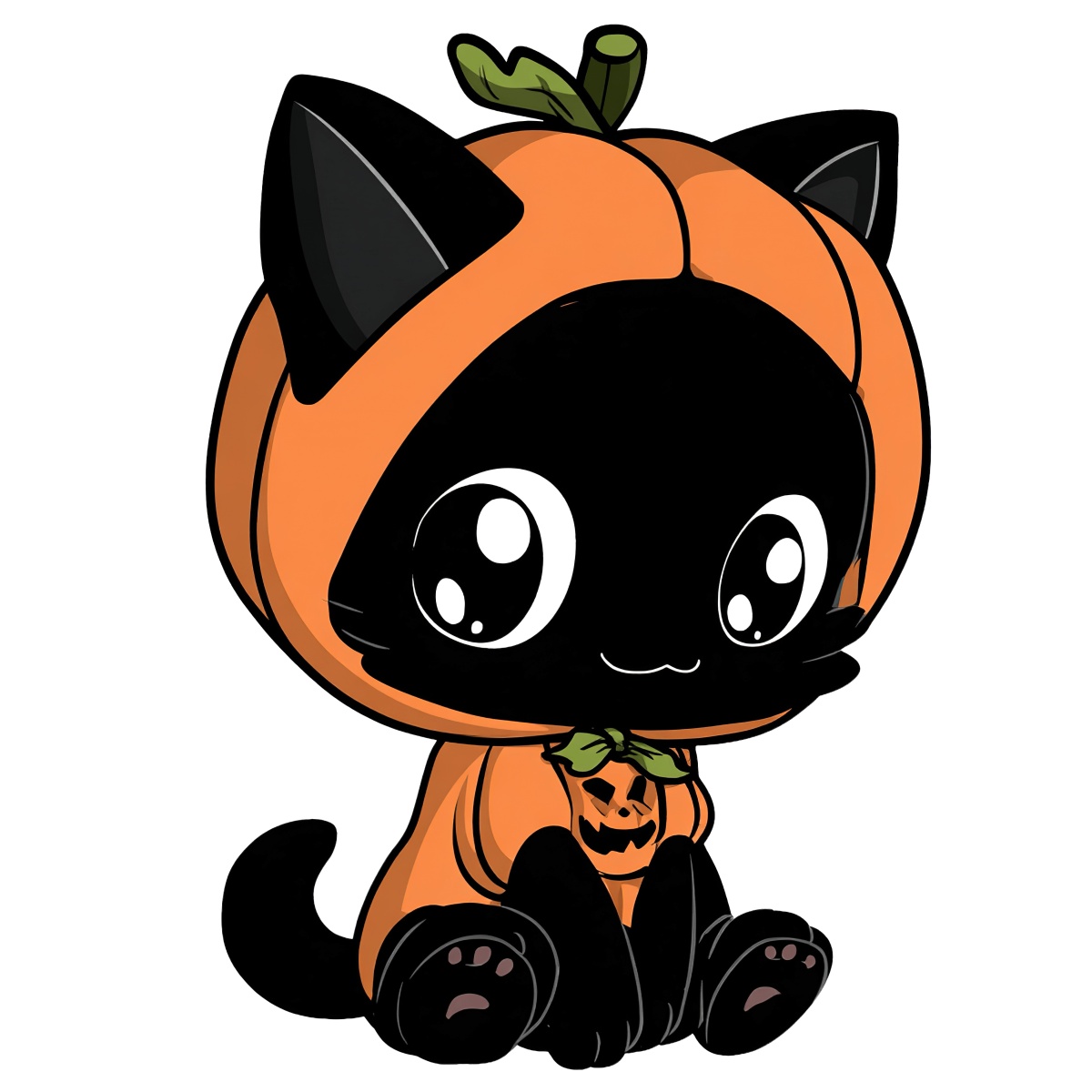 Black cat wearing pumpkin costume in clipart style, Halloween theme.