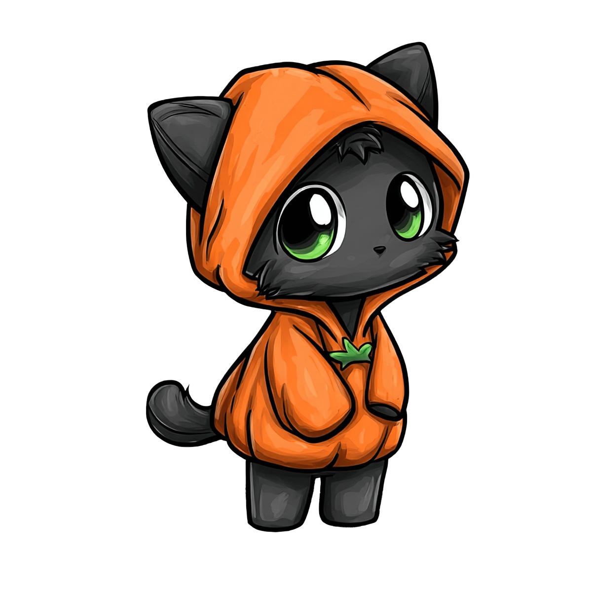 Black cat in orange hooded costume with green eyes.
