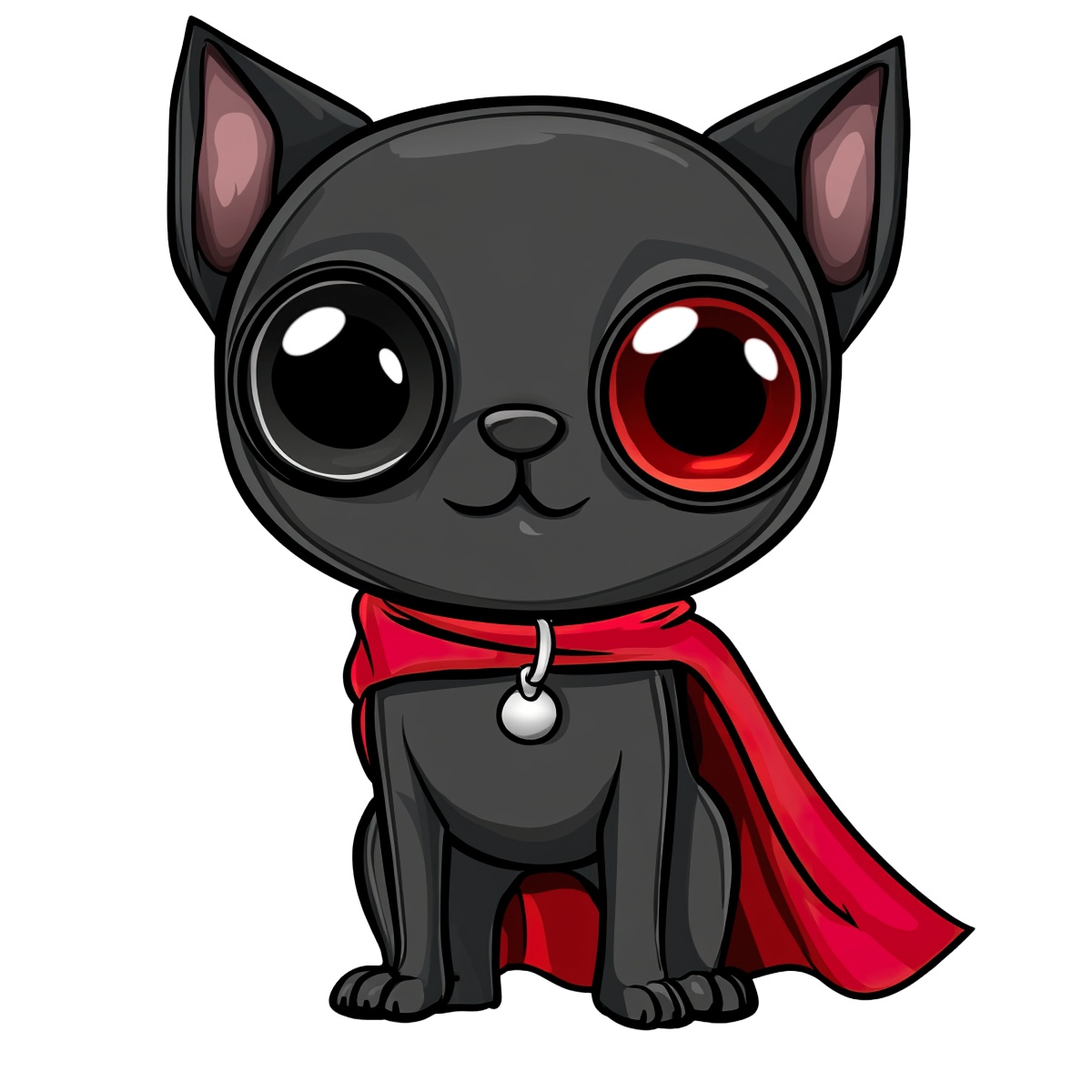 Black cat with large eyes wearing a red cape, cartoon style.