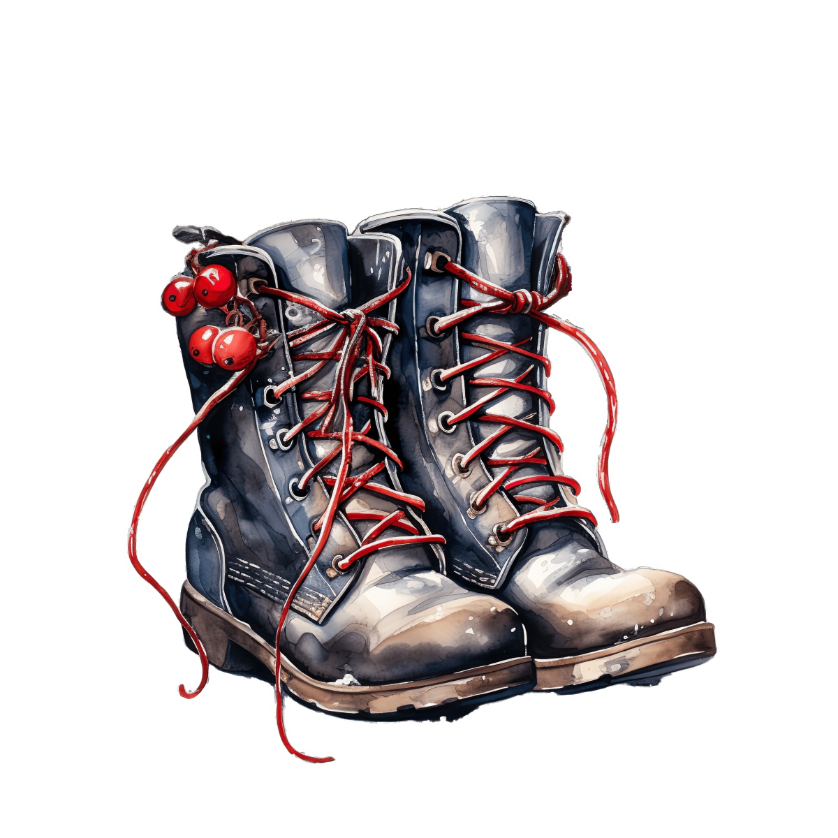 Black hiking boots with red laces and cherry-like decorations on the side.