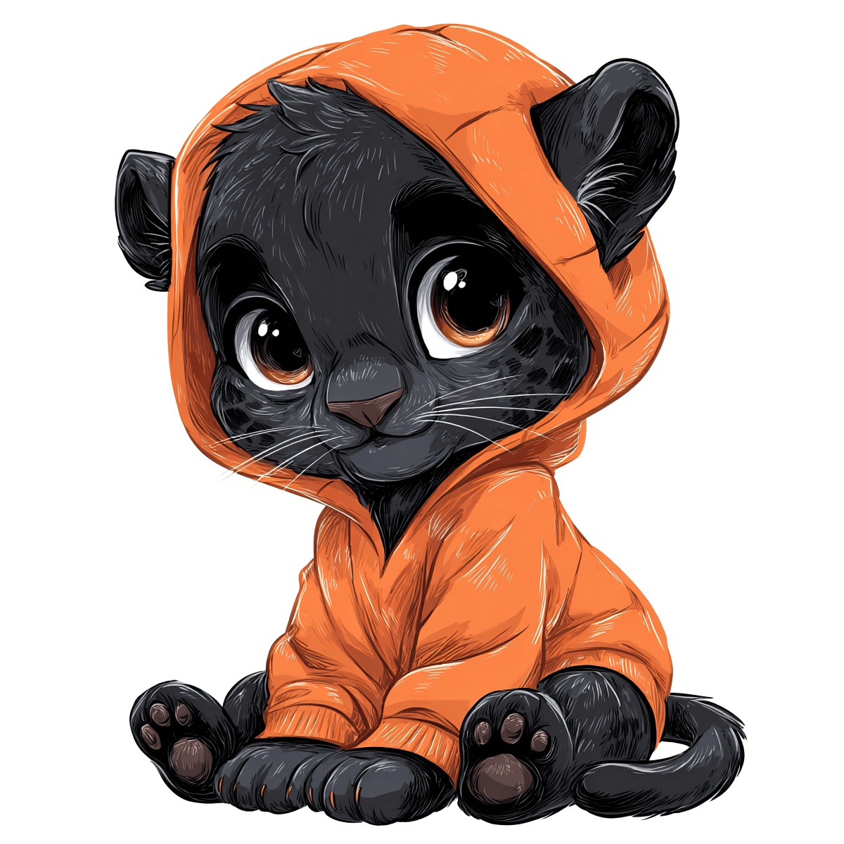 Black panther wearing an orange hoodie, cartoon-style art with detailed features.